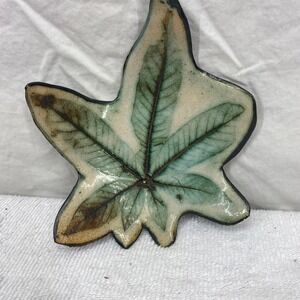 Bow Studio and Gallery Handcrafted Ceramic Leaf Trinket Dish Green Tan Glossy